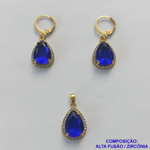 CONJUNTO NO BRUTO PRONTO PARA O BANHO "SEM CORRENTE" - PINGENTE BRINCO COM BASE ALTA FUSÃO CRAVEJADO COM ZIRCONIA 10X14MM AZUL ESCURA - PESO TOTAL 7,2GR - BRU9187