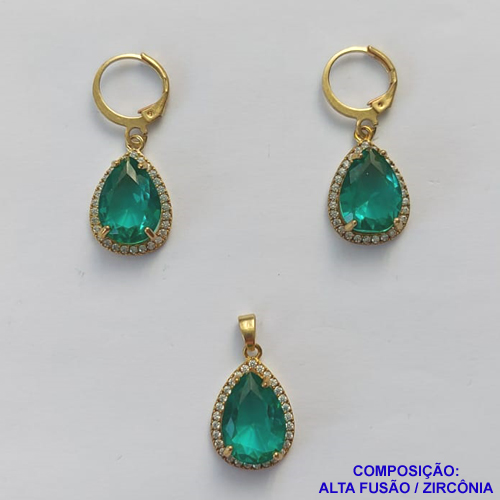 CONJUNTO NO BRUTO PRONTO PARA O BANHO "SEM CORRENTE" - PINGENTE BRINCO COM BASE ALTA FUSÃO CRAVEJADO COM ZIRCONIA 10X14MM VERDE - PESO TOTAL 7,2GR - BRU9188