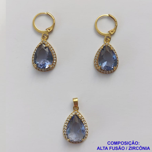 CONJUNTO NO BRUTO PRONTO PARA O BANHO "SEM CORRENTE" - PINGENTE BRINCO COM BASE ALTA FUSÃO CRAVEJADO COM ZIRCONIA 10X14MM LILÁS - PESO TOTAL 7,2GR - BRU9189