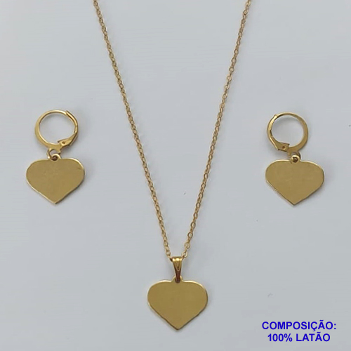 CONJUNTO NO BRUTO PRONTO PARA O BANHO - GARGANTILHA COM CORRENTE CADEADO DE 45CM - BRINCO CORAÇÃO 14MM COM ARGOLA DE PRESSÃO - COMPOSIÇÃO: 100% LATÃO - PESO TOTAL: 5,5GR - BRU9190