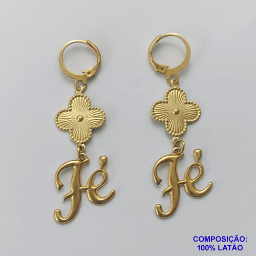 BRINCO NO BRUTO PRONTO PARA O BANHO -  BRINCO ARGOLINHA DE PRESSÃO (TRANQUETA) COM 1 PINGENTE TIPO VAN CLEEF 15MM E PINGENTE FÉ 20MM - PESO 2,7GR - BRU9201