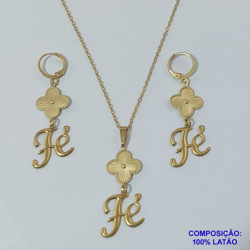 CONJUNTO NO BRUTO PRONTO PARA O BANHO - GARGANTILHA CADEADO 45CM COM EXTENSOR E FECHO LAGOSTA - BRINCOS ARGOLINHA DE PRESSÃO (TRANQUETA) COM 1 PINGENTE TIPO VAN CLEEF 15MM E PINGENTE FÉ 20MM - PESO 5,4GR - BRU9207
