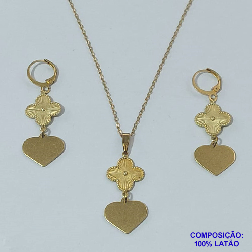 CONJUNTO NO BRUTO PRONTO PARA O BANHO - GARGANTILHA CADEADO 45CM COM EXTENSOR E FECHO LAGOSTA - BRINCO NO BRUTO PRONTO PARA O BANHO - BRINCO ARGOLINHA DE PRESSÃO (TRANQUETA) COM PINGENTES TIPO VAN CLEEF TAMANHO 15MM E CORAÇÃO - PESO 6,8GR - BRU9209