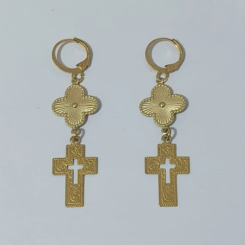 BRINCO NO BRUTO PRONTO PARA O BANHO -  BRINCO ARGOLINHA DE PRESSÃO (TRANQUETA) COM PINGENTES TIPO VAN CLEEF TAMANHO 15MM E CRUCIFIXOS VAZADOS - PESO 2,6GR - BRU9212