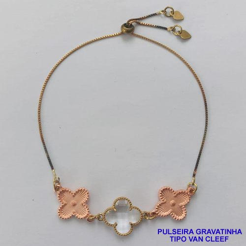 PULSEIRA GRAVATINHA NO BRUTO PRONTO PARA O BANHO - PULSEIRA AJUSTÁVEL TIPO VAN CLEEF COM PINGENTES TAMANHOS 15MM - COMPOSIÇÃO: LATÃO / VIDRO - COR: CRISTAL - PESO 4,4GR - BRU9217