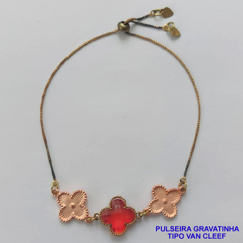 PULSEIRA GRAVATINHA NO BRUTO PRONTO PARA O BANHO - PULSEIRA AJUSTÁVEL TIPO VAN CLEEF COM PINGENTES TAMANHOS 15MM - COMPOSIÇÃO: LATÃO / VIDRO - COR: VERMELHA - PESO 4,4GR - BRU9218