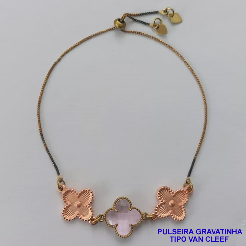 PULSEIRA GRAVATINHA NO BRUTO PRONTO PARA O BANHO - PULSEIRA AJUSTÁVEL TIPO VAN CLEEF COM PINGENTES TAMANHOS 15MM - COMPOSIÇÃO: LATÃO / VIDRO - COR: LILÁS - PESO 4,4GR - BRU9220