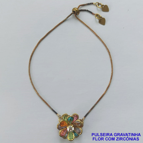 PULSEIRA GRAVATINHA NO BRUTO PRONTO PARA O BANHO - PULSEIRA AJUSTÁVEL COM PINGENTE FLOR COM ZIRCÔNIAS COLORIDAS - TAMANHOS 16MM - COMPOSIÇÃO: LATÃO / ZIRCÔNIA - PESO 2,7GR - BRU9221