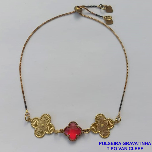 PULSEIRA GRAVATINHA NO BRUTO PRONTO PARA O BANHO - PULSEIRA AJUSTÁVEL TIPO VAN CLEEF COM PINGENTES TAMANHOS 15MM E 11MM - COMPOSIÇÃO: LATÃO / VIDRO - PESO 2,8GR - BRU9231