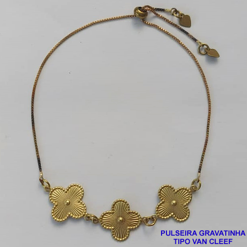 PULSEIRA GRAVATINHA NO BRUTO PRONTO PARA O BANHO - PULSEIRA AJUSTÁVEL TIPO VAN CLEEF COM PINGENTES TAMANHOS 15MM - COMPOSIÇÃO: 100% LATÃO - PESO 2,5GR - BRU9232