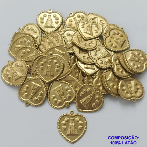 ACESSORIO NO BRUTO PRONTO PARA O BANHO (CX23) - (E2609) CORAÇÃO NOSSA SENHORA APARECIDA EM ALTO RELEVO 18MM - (PEÇA VENDIDA POR UNIDADE) COMPOSIÇÃO: 100% LATÃO - PESO 1GR  - BRU0001450