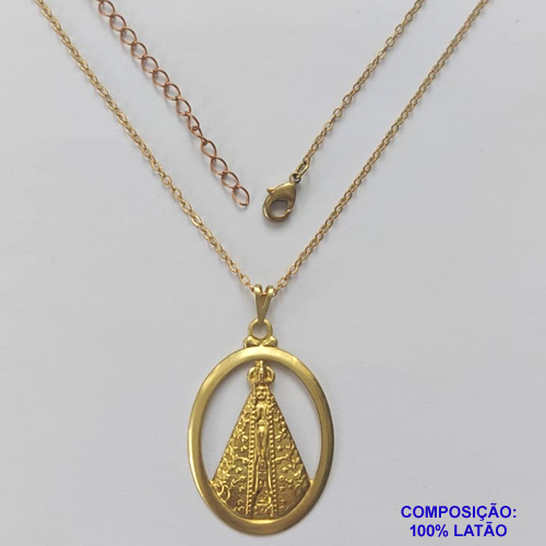 GARGANTILHA NO BRUTO PRONTO PARA O BANHO - (583) CORRENTE CADEADO DE 45CM COM EXTENSOR E FECHO LAGOSTA - COM PINGENTE OVAL MEDALHA NOSSA SRA APARECIDA 29MM - 3,1GR  - BRU9238