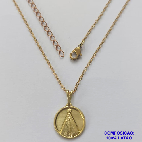 GARGANTILHA NO BRUTO PRONTO PARA O BANHO - (1534) CORRENTE CADEADO DE 45CM COM EXTENSOR E FECHO LAGOSTA - COM PINGENTE REDONDO NOSSA SRA APARECIDA 15MM - 2,7GR  - BRU9240