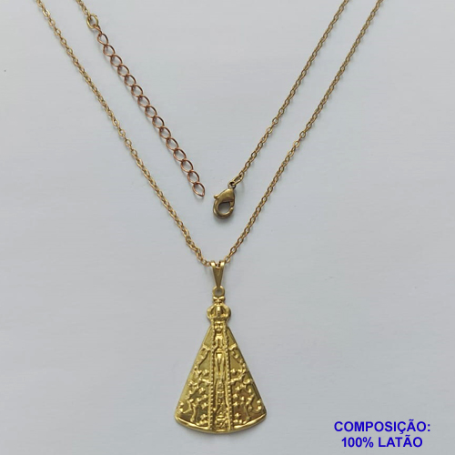GARGANTILHA NO BRUTO PRONTO PARA O BANHO - (633) CORRENTE CADEADO DE 45CM COM EXTENSOR E FECHO LAGOSTA - COM PINGENTE NOSSA SRA APARECIDA 33MM - 2,9GR  - BRU9243
