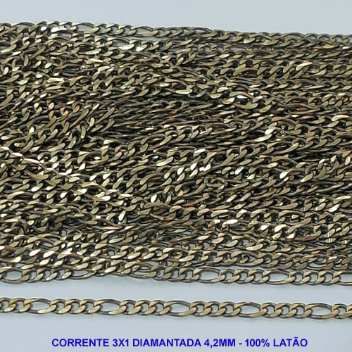 CORRENTE NO BRUTO PRONTO PARA O BANHO - CORRENTE 3X1 ELLO BATIDO DIAMANTADA (M3118) - LARGURA 4,2MM - PESO POR METRO 20,8GR - COMPOSIÇÃO: 100% LATÃO (VENDIDA POR METRO) - BRU9248
