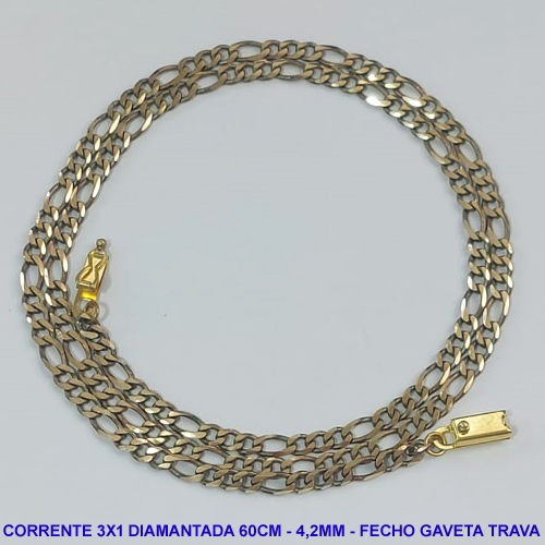 CORRENTE MASCULINA NO BRUTO PRONTO PARA O BANHO - CORRENTE 3X1 ELLO BATIDO DIAMANTADA (M3118) - COMPRIMENTO: 60CM - LARGURA 4,2MM - FECHO GAVETA COM TRAVA - PESO 13,3GR - COMPOSIÇÃO: 100% LATÃO - BRU9250