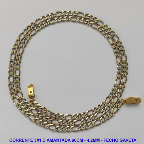 CORRENTE MASCULINA NO BRUTO PRONTO PARA O BANHO - CORRENTE 3X1 ELLO BATIDO DIAMANTADA (M3118) - COMPRIMENTO: 60CM - LARGURA 4,2MM - FECHO GAVETA - PESO 12,9GR - COMPOSIÇÃO: 100% LATÃO - BRU9251