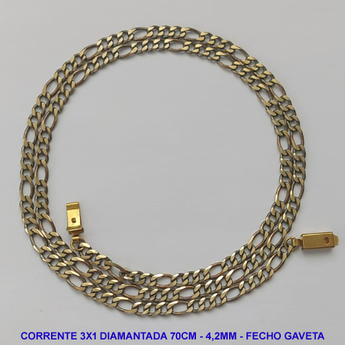 CORRENTE MASCULINA NO BRUTO PRONTO PARA O BANHO - CORRENTE 3X1 ELLO BATIDO DIAMANTADA (M3118) - COMPRIMENTO: 70CM - LARGURA 4,2MM - FECHO GAVETA - PESO 15,2GR - COMPOSIÇÃO: 100% LATÃO - BRU9255