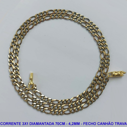 CORRENTE MASCULINA NO BRUTO PRONTO PARA O BANHO - CORRENTE 3X1 ELLO BATIDO DIAMANTADA (M3118) - COMPRIMENTO: 70CM - LARGURA 4,2MM - FECHO CANHÃO COM TRAVA - PESO 16,4GR - COMPOSIÇÃO: 100% LATÃO - BRU9256