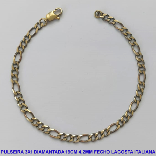 PULSEIRA MASCULINA NO BRUTO PRONTO PARA O BANHO - COM CORRENTE 3X1 ELLO BATIDO DIAMANTADA (M3118) - COMPRIMENTO: 19CM - LARGURA 4,2MM - FECHO LAGOSTA ITALIANA - PESO 4,3GR - COMPOSIÇÃO: 100% LATÃO - BRU9258