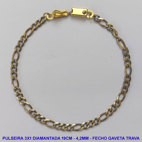 PULSEIRA MASCULINA NO BRUTO PRONTO PARA O BANHO - COM CORRENTE 3X1 ELLO BATIDO DIAMANTADA (M3118) - COMPRIMENTO: 19CM - LARGURA 4,2MM - FECHO GAVETA COM TRAVA - PESO 4,9GR - COMPOSIÇÃO: 100% LATÃO - BRU9260