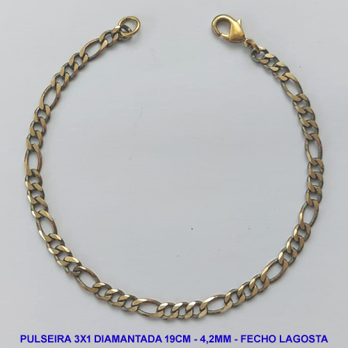 PULSEIRA MASCULINA NO BRUTO PRONTO PARA O BANHO - COM CORRENTE 3X1 ELLO BATIDO DIAMANTADA (M3118) - COMPRIMENTO: 19CM - LARGURA 4,2MM - FECHO LAGOSTA - PESO 4,4GR - COMPOSIÇÃO: 100% LATÃO - BRU9261