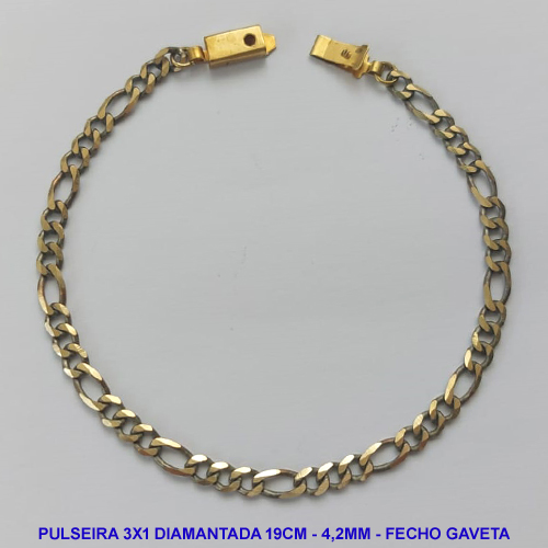 PULSEIRA MASCULINA NO BRUTO PRONTO PARA O BANHO - COM CORRENTE 3X1 ELLO BATIDO DIAMANTADA (M3118) - COMPRIMENTO: 19CM - LARGURA 4,2MM - FECHO GAVETA - PESO 4,7GR - COMPOSIÇÃO: 100% LATÃO - BRU9262