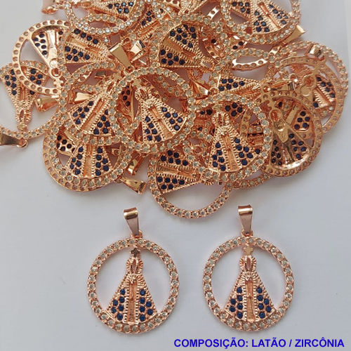 PINGENTE NO BRUTO PRONTO PARA O BANHO (CX23)- PINGENTE MEDALHA VAZADA NOSSA SRA APARECIDA CRAVEJADO COM MICRO ZIRCONIAS COMPOSIÇÃO: ZIRCÔNIA / LATÃO - TAMANHO 22MM -  PESO TOTAL 2,4GR - BRU0001456