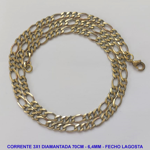 CORRENTE MASCULINA NO BRUTO PRONTO PARA O BANHO - CORRENTE 3X1 ELLO BATIDO DIAMANTADA (M31158) - COMPRIMENTO: 70CM - LARGURA 6,4MM - ESPESSURA: 1,5MM - FECHO LAGOSTA - PESO 31,3GR - COMPOSIÇÃO: 100% LATÃO - BRU9263