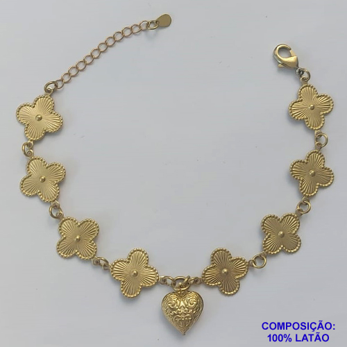 PULSEIRA NO BRUTO PRONTO PARA O BANHO - PULSEIRA FEMININA COM 8 PINGENTES TIPO VAN CLEEF 15MM - COM CORAÇÃO DUPLO 13MM - TAMANHO 18CM COM EXTENSOR E FECHO LAGOSTA - PESO 6GR - BRU9267