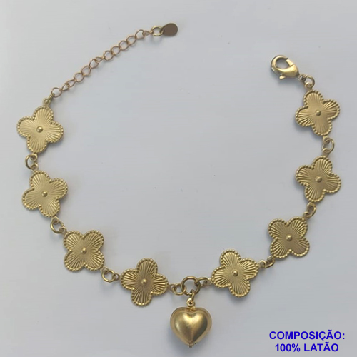 PULSEIRA NO BRUTO PRONTO PARA O BANHO - PULSEIRA FEMININA COM 8 PINGENTES TIPO VAN CLEEF 15MM - COM CORAÇÃO DUPLO LISO 13MM - TAMANHO 18CM COM EXTENSOR E FECHO LAGOSTA - PESO 6,2GR - BRU9268