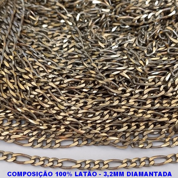 CORRENTE NO BRUTO PRONTO PARA O BANHO - CORRENTE 3X1 ELLO BATIDO DIAMANTADA(0,80) (M3188) - LARGURA 3.2MM - PESO POR METRO 12,8GR - COMPOSIÇÃO: 100% LATÃO (VENDIDA POR METRO) - BRU9271