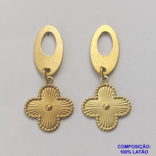 BRINCO NO BRUTO PRONTO PARA O BANHO - BRINCO BASE OVAL VAZADA 18X9MM COM PINGENTE TIPO VAN CLEEF 15MM - COMPOSIÇÃO: 100% LATÃO - PESO 2,1GR - BRU9273