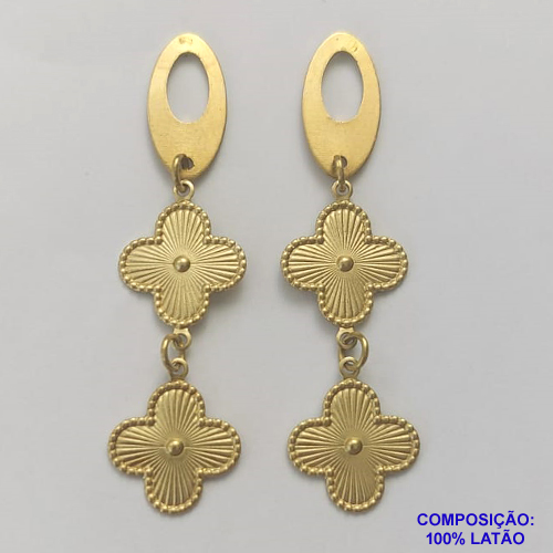 BRINCO NO BRUTO PRONTO PARA O BANHO - BRINCO BASE OVAL VAZADA 18X9MM COM DOIS PINGENTES TIPO VAN CLEEF 15MM - COMPOSIÇÃO: 100% LATÃO - PESO 3,2GR - BRU9274