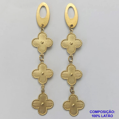 BRINCO NO BRUTO PRONTO PARA O BANHO - BRINCO BASE OVAL VAZADA 18X9MM COM TRÊS PINGENTES TIPO VAN CLEEF 15MM - COMPOSIÇÃO: 100% LATÃO - PESO 4,6GR - BRU9275