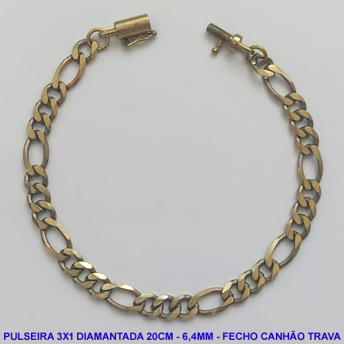 PULSEIRA MASCULINA NO BRUTO PRONTO PARA O BANHO - COM CORRENTE 3X1 ELLO BATIDO DIAMANTADA (M31158) - COMPRIMENTO: 20CM - LARGURA 6,4MM - ESPESSURA: 1,5MM - FECHO CANHÃO COM TRAVA - PESO 10GR - COMPOSIÇÃO: 100% LATÃO - BRU9279