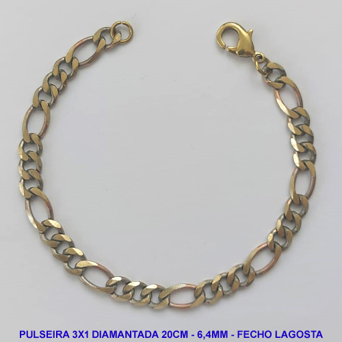 PULSEIRA MASCULINA NO BRUTO PRONTO PARA O BANHO - COM CORRENTE 3X1 ELLO BATIDO DIAMANTADA (M31158) - COMPRIMENTO: 20CM - LARGURA 6,4MM - ESPESSURA: 1,5MM - FECHO LAGOSTA - PESO 9,1GR - COMPOSIÇÃO: 100% LATÃO - BRU9280