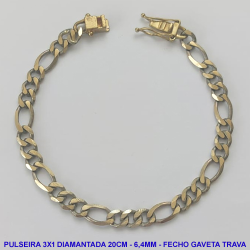 PULSEIRA MASCULINA NO BRUTO PRONTO PARA O BANHO - COM CORRENTE 3X1 ELLO BATIDO DIAMANTADA (M31158) - COMPRIMENTO: 20CM - LARGURA 6,4MM - ESPESSURA: 1,5MM - FECHO GAVETA COM TRAVA DUPLA - PESO 10,9GR - COMPOSIÇÃO: 100% LATÃO - BRU9281