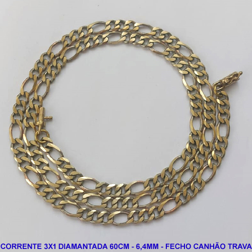 CORRENTE MASCULINA NO BRUTO PRONTO PARA O BANHO - CORRENTE 3X1 ELLO BATIDO DIAMANTADA (M31158) - COMPRIMENTO: 60CM - LARGURA 6,4MM - ESPESSURA: 1,5MM - FECHO CANHÃO COM TRAVA - PESO 27,9GR - COMPOSIÇÃO: 100% LATÃO - BRU9282