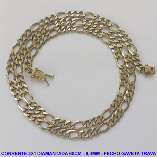 CORRENTE MASCULINA NO BRUTO PRONTO PARA O BANHO - CORRENTE 3X1 ELLO BATIDO DIAMANTADA (M31158) - COMPRIMENTO: 60CM - LARGURA 6,4MM - ESPESSURA: 1,5MM - FECHO GAVETA TRAVA DUPLA - PESO 28,2GR - COMPOSIÇÃO: 100% LATÃO - BRU9284