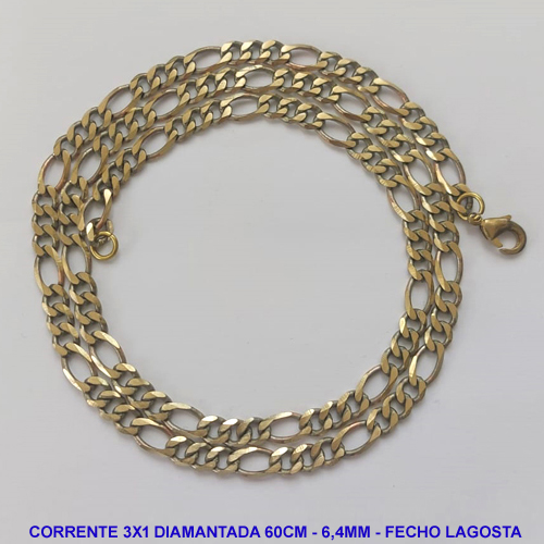 CORRENTE MASCULINA NO BRUTO PRONTO PARA O BANHO - CORRENTE 3X1 ELLO BATIDO DIAMANTADA (M31158) - COMPRIMENTO: 60CM - LARGURA 6,4MM - ESPESSURA: 1,5MM - FECHO LAGOSTA - PESO 26,9GR - COMPOSIÇÃO: 100% LATÃO - BRU9283