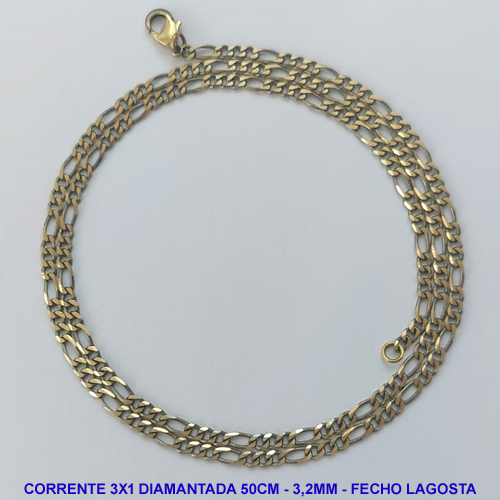 CORRENTE MASCULINA NO BRUTO PRONTO PARA O BANHO - CORRENTE 3X1 ELLO BATIDO DIAMANTADA (M3188) - COMPRIMENTO: 50CM - LARGURA 3,2MM - ESPESSURA: 0,8MM - FECHO LAGOSTA - PESO 6,6GR - COMPOSIÇÃO: 100% LATÃO - BRU9286