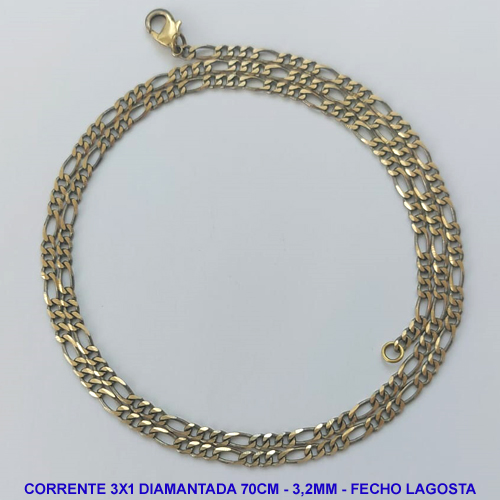 CORRENTE MASCULINA NO BRUTO PRONTO PARA O BANHO - CORRENTE 3X1 ELLO BATIDO DIAMANTADA (M3188) - COMPRIMENTO: 70CM - LARGURA 3,2MM - ESPESSURA: 0,8MM - FECHO LAGOSTA - PESO 9,2GR - COMPOSIÇÃO: 100% LATÃO - BRU9288