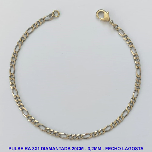 PULSEIRA MASCULINA NO BRUTO PRONTO PARA O BANHO - PULSEIRA 3X1 ELLO BATIDO DIAMANTADA (M3188) - COMPRIMENTO: 20CM - LARGURA 3,2MM - ESPESSURA: 0,8MM - FECHO LAGOSTA - PESO 2,9GR - COMPOSIÇÃO: 100% LATÃO - BRU9289