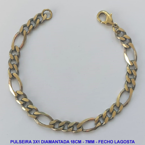 PULSEIRA MASCULINA NO BRUTO PRONTO PARA O BANHO - PULSEIRA 3X1 ELLO BATIDO DIAMANTADA (M31188) - COMPRIMENTO: 18CM - LARGURA 7MM - ESPESSURA: 1,8MM - FECHO LAGOSTA - PESO 12,2GR - COMPOSIÇÃO: 100% LATÃO - BRU9290