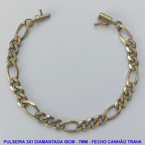 PULSEIRA MASCULINA NO BRUTO PRONTO PARA O BANHO - PULSEIRA 3X1 ELLO BATIDO DIAMANTADA (M31188) - COMPRIMENTO: 18CM - LARGURA 7MM - ESPESSURA: 1,8MM - FECHO CANHÃO COM TRAVA - PESO 12,8GR - COMPOSIÇÃO: 100% LATÃO - BRU9291