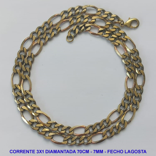 CORRENTE MASCULINA NO BRUTO PRONTO PARA O BANHO - CORRENTE 3X1 ELLO BATIDO DIAMANTADA (M31189) - COMPRIMENTO: 70CM - LARGURA 7MM - ESPESSURA: 1,8MM - FECHO LAGOSTA - PESO 43,2GR - COMPOSIÇÃO: 100% LATÃO - BRU9301