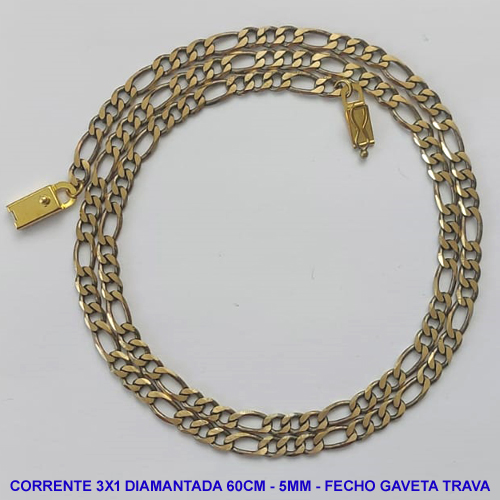 CORRENTE MASCULINA NO BRUTO PRONTO PARA O BANHO - CORRENTE 3X1 ELLO BATIDO DIAMANTADA (M31128) - COMPRIMENTO: 60CM - LARGURA 5MM - ESPESSURA: 1,2MM - FECHO GAVETA TRAVA - PESO 17,3GR - COMPOSIÇÃO: 100% LATÃO - BRU9308