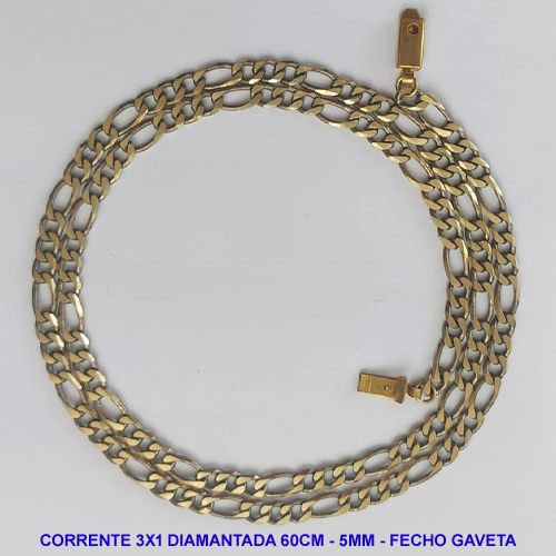 CORRENTE MASCULINA NO BRUTO PRONTO PARA O BANHO - CORRENTE 3X1 ELLO BATIDO DIAMANTADA (M31128) - COMPRIMENTO: 60CM - LARGURA 5MM - ESPESSURA: 1,2MM - FECHO GAVETA - PESO 17GR - COMPOSIÇÃO: 100% LATÃO - BRU9309