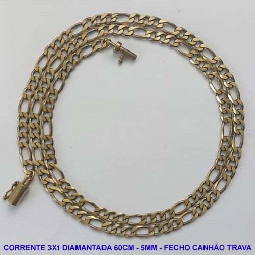CORRENTE MASCULINA NO BRUTO PRONTO PARA O BANHO - CORRENTE 3X1 ELLO BATIDO DIAMANTADA (M31128) - COMPRIMENTO: 60CM - LARGURA 5MM - ESPESSURA: 1,2MM - FECHO CANHÃO COM TRAVA - PESO 18GR - COMPOSIÇÃO: 100% LATÃO - BRU9310
